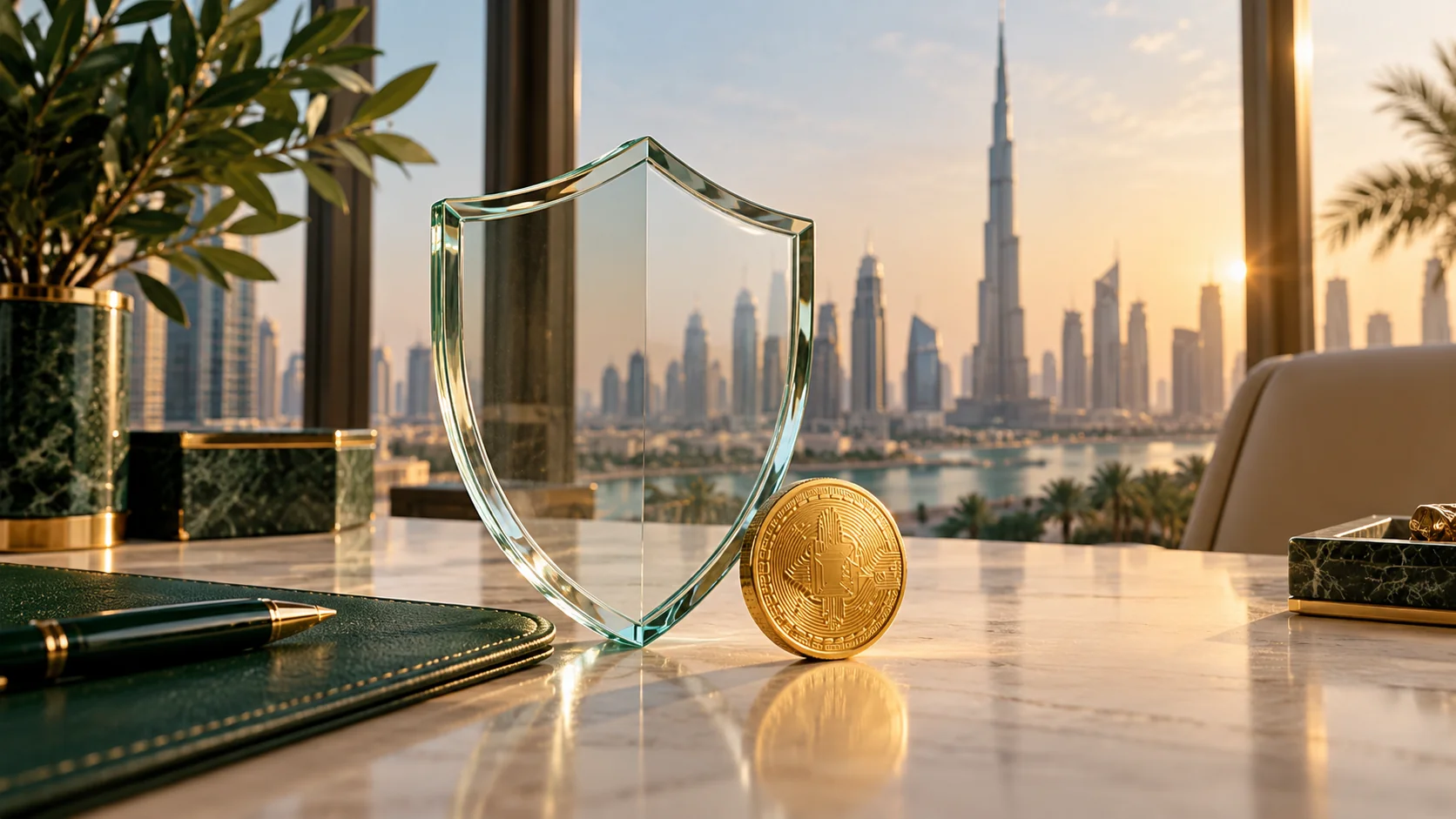 Glass shield and digital token, representing crypto and regulation