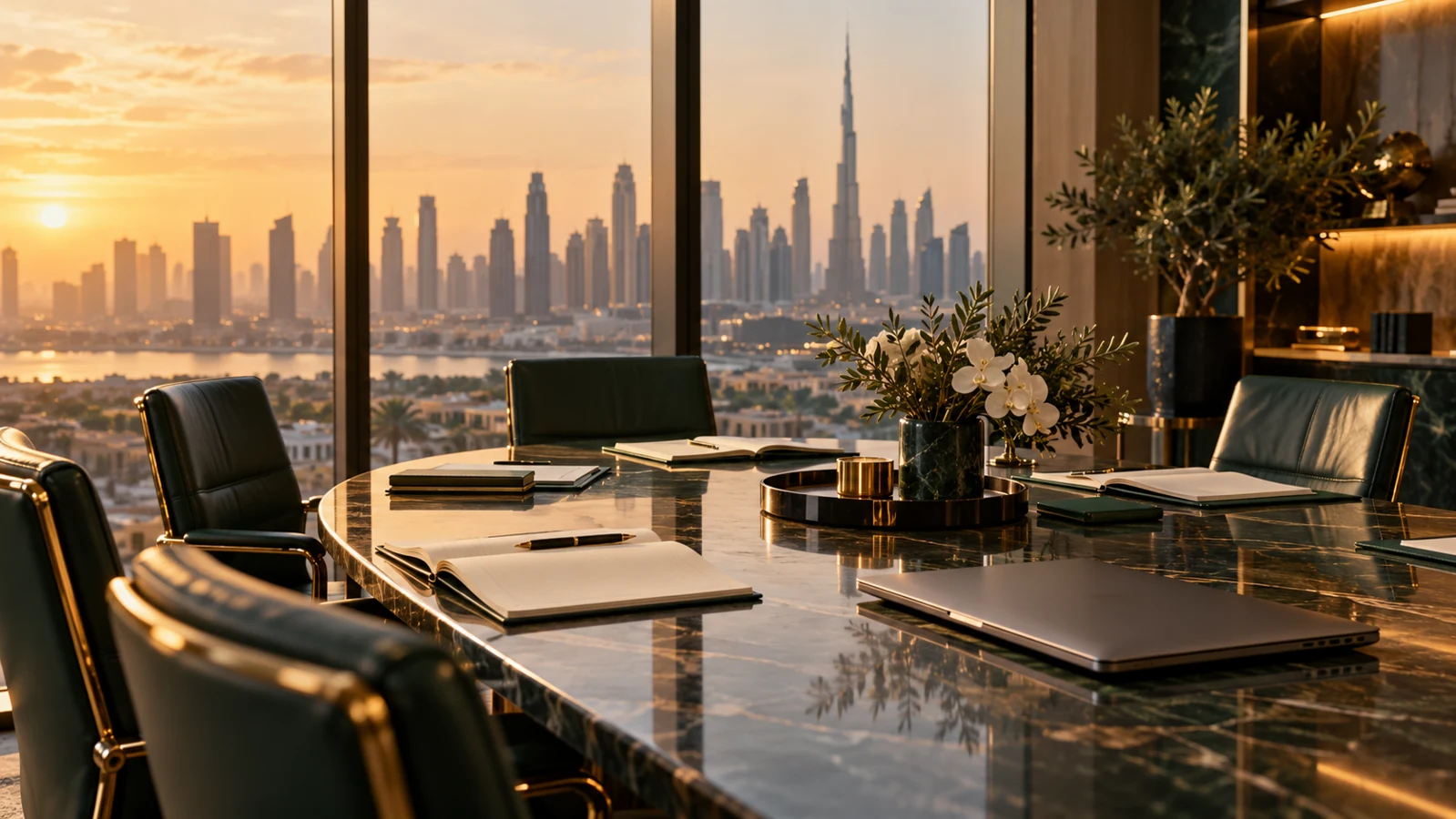 A Dubai office meeting table with notebooks and an expansive skyline view