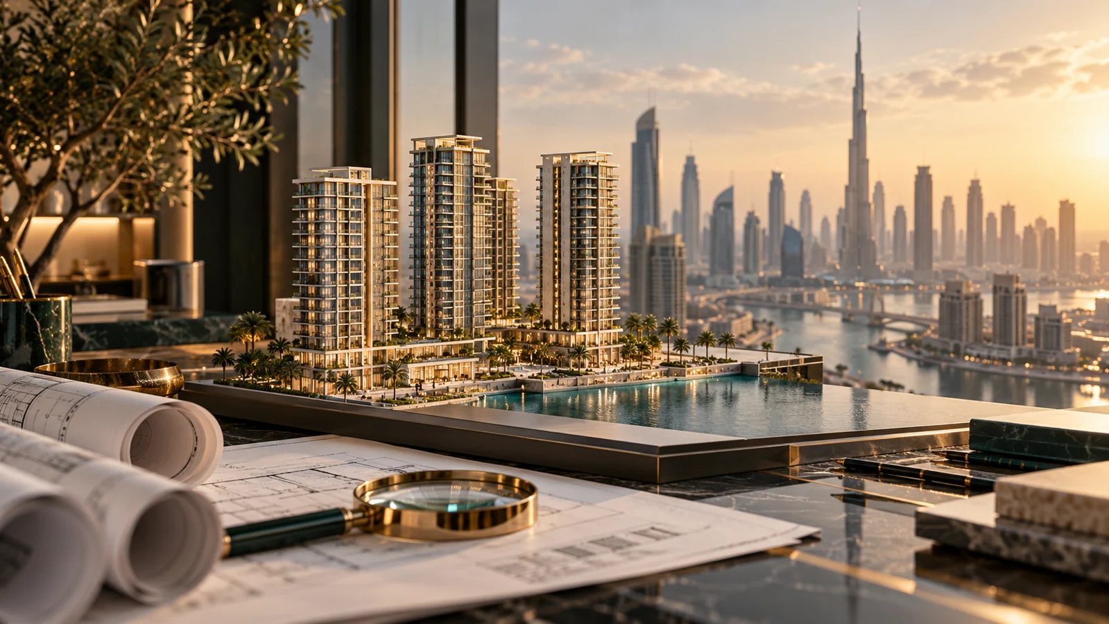 Model apartment towers, plans and a magnifying glass on a Dubai architectural desk
