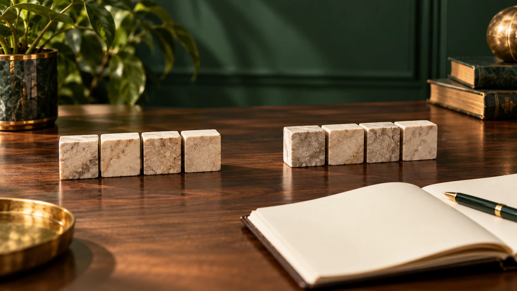 Stone blocks with a deliberate open gap beside a blank ledger, representing room in a financial plan