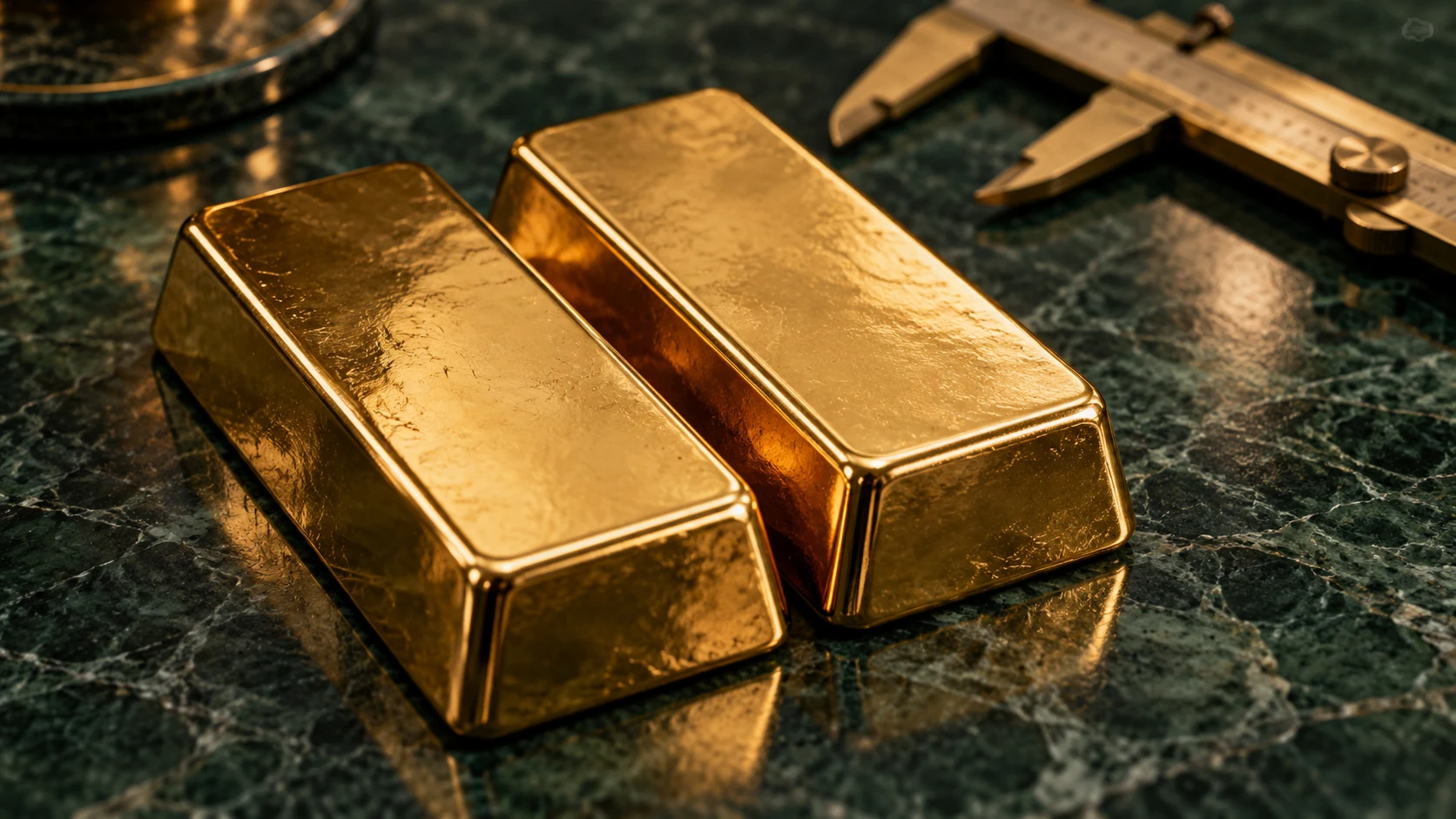 Two plain gold bars separated by a narrow gap on green stone, illustrating trading costs