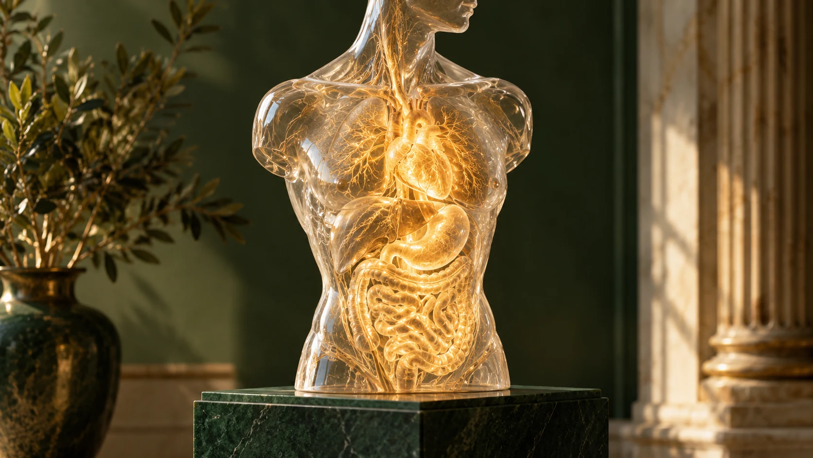 Conceptual glass torso with warm internal light, representing awareness of bodily signals