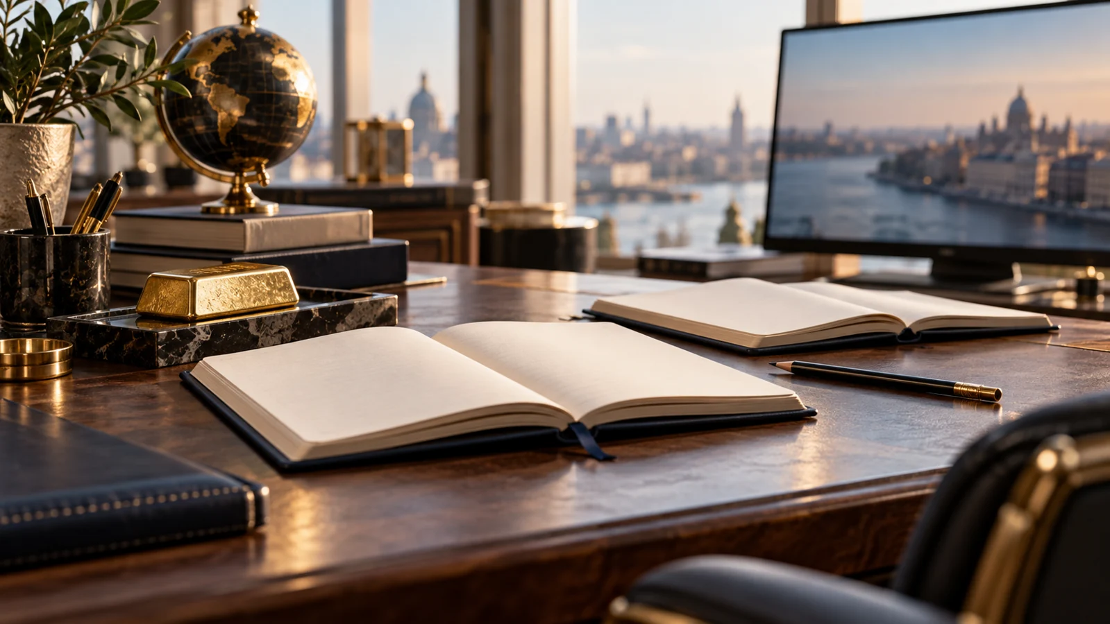 Two open notebooks, a pencil and a gold bar on a quiet research desk