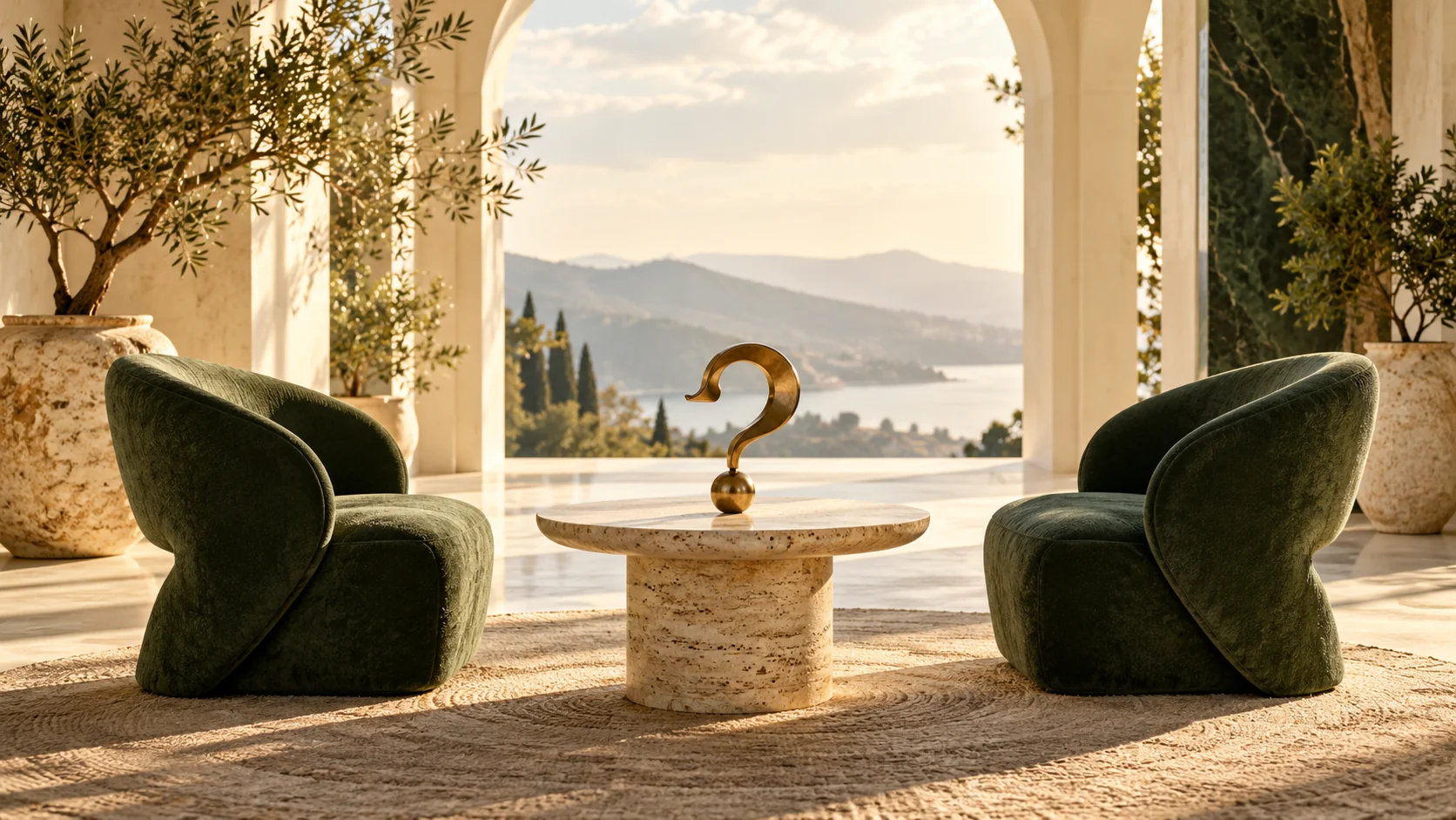 Sculptural chairs facing one another, representing personal reflection