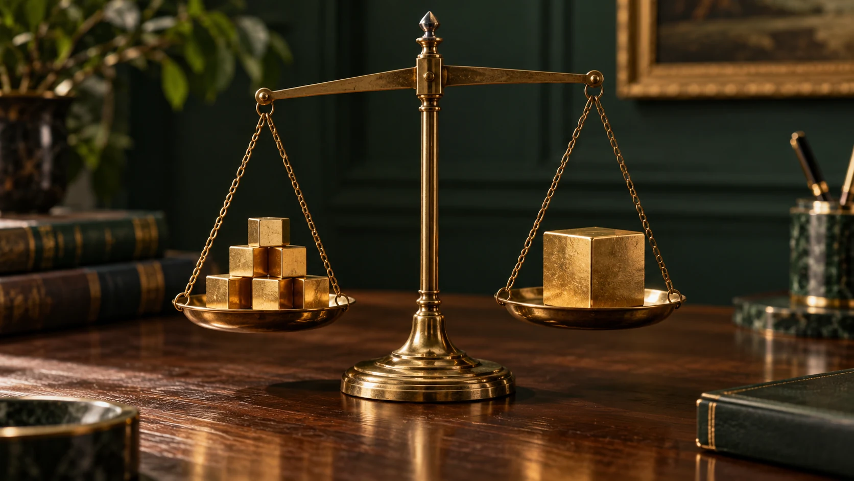 Gold cubes on a balance scale, representing market exposure and analysis