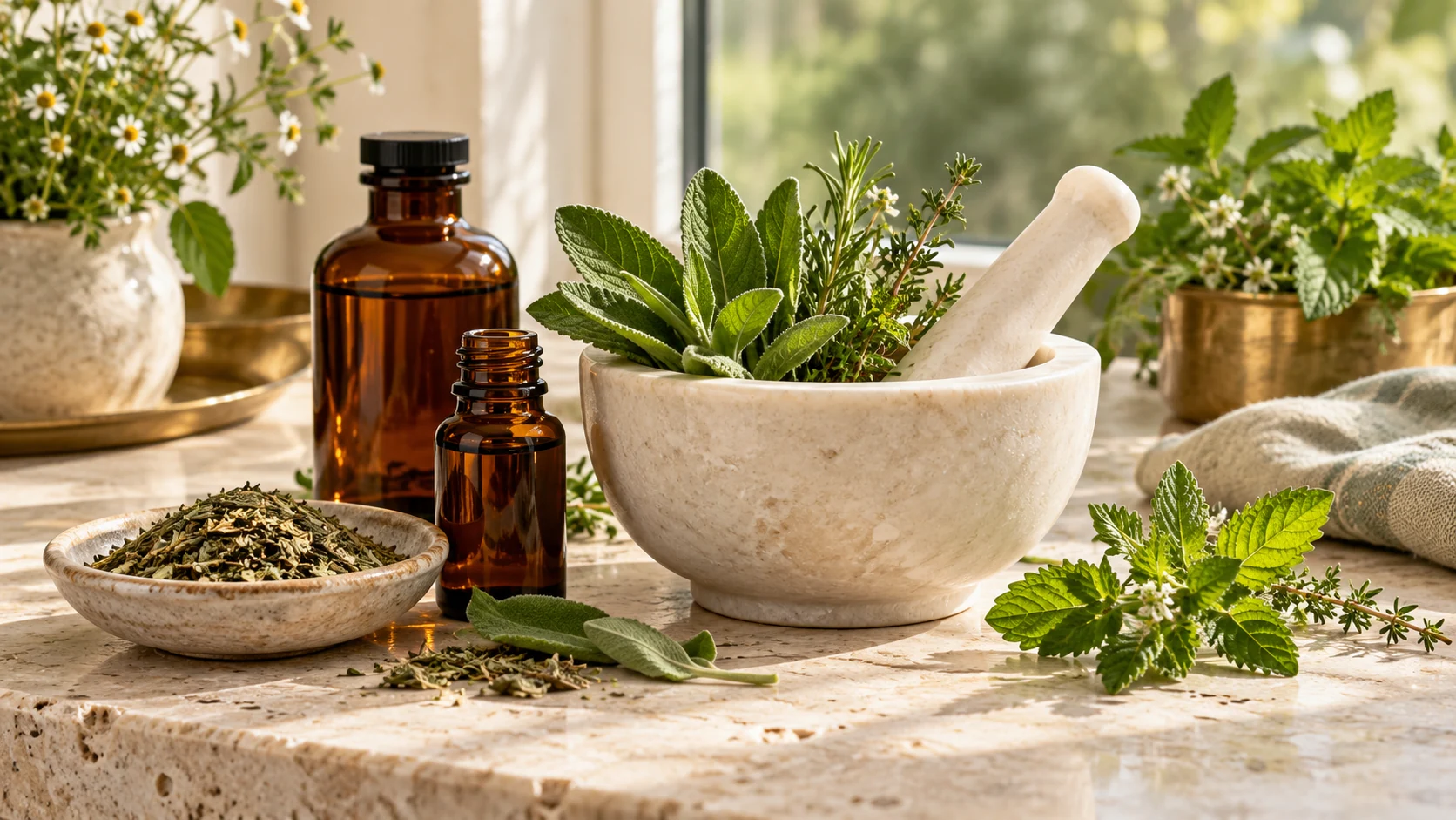 Botanical leaves, amber glass and a mortar, representing natural health products