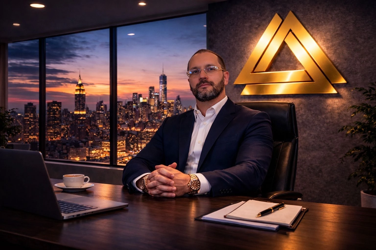 Gabriel Nicolaev – CyGuru seated at his desk beside the gold CyGuru emblem and an evening city skyline